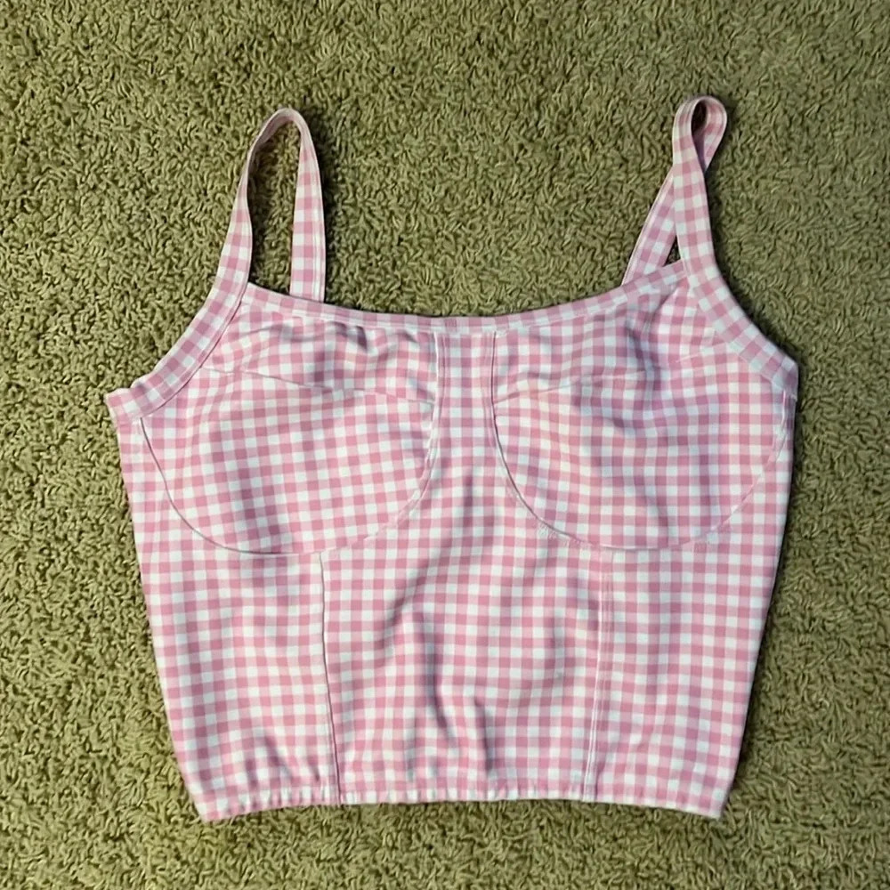 Year of Ours Pink and white checkered workout top